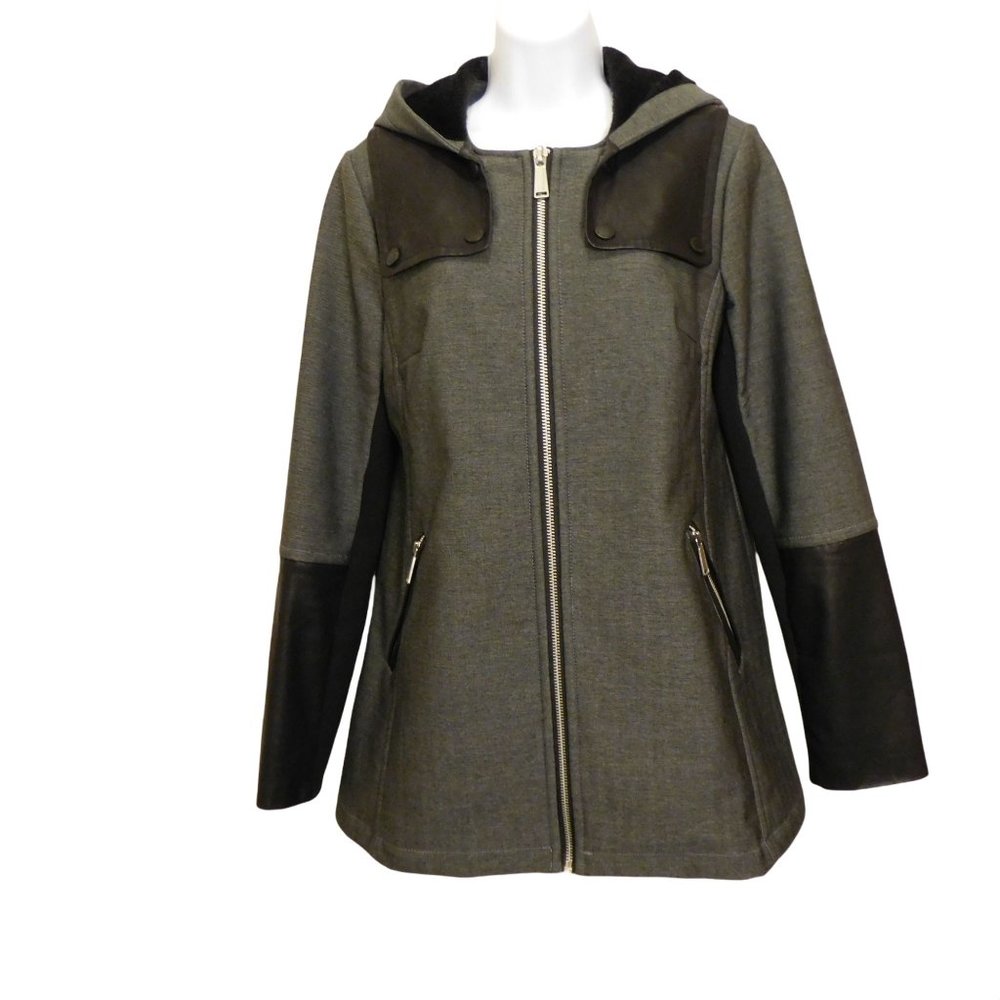 BCBGeneration Gray and Black Polyester and Faux Leather Jacket with hood